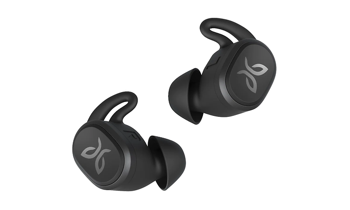 Jaybird Vista helt trådlösa in-ear hörlurar i svart. Lite avlånga i formen med en svart "ögla" i ena änden, vit bakgrund.