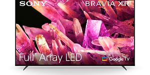 Produktbild av en Sony Bravia X93K Full Array LED TV med rosa kristaller som visas på skärmen