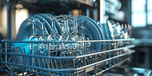 Guide - MDA - Close up of wine glasses in a dishwasher rack